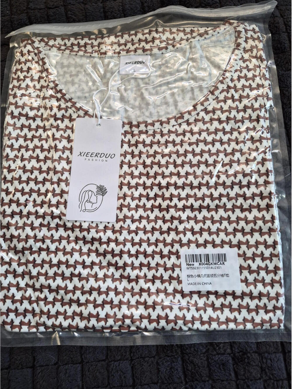 XIEERDUO Women's L Geometric Pattern T-Shirt White Brown Pullover Round Neck